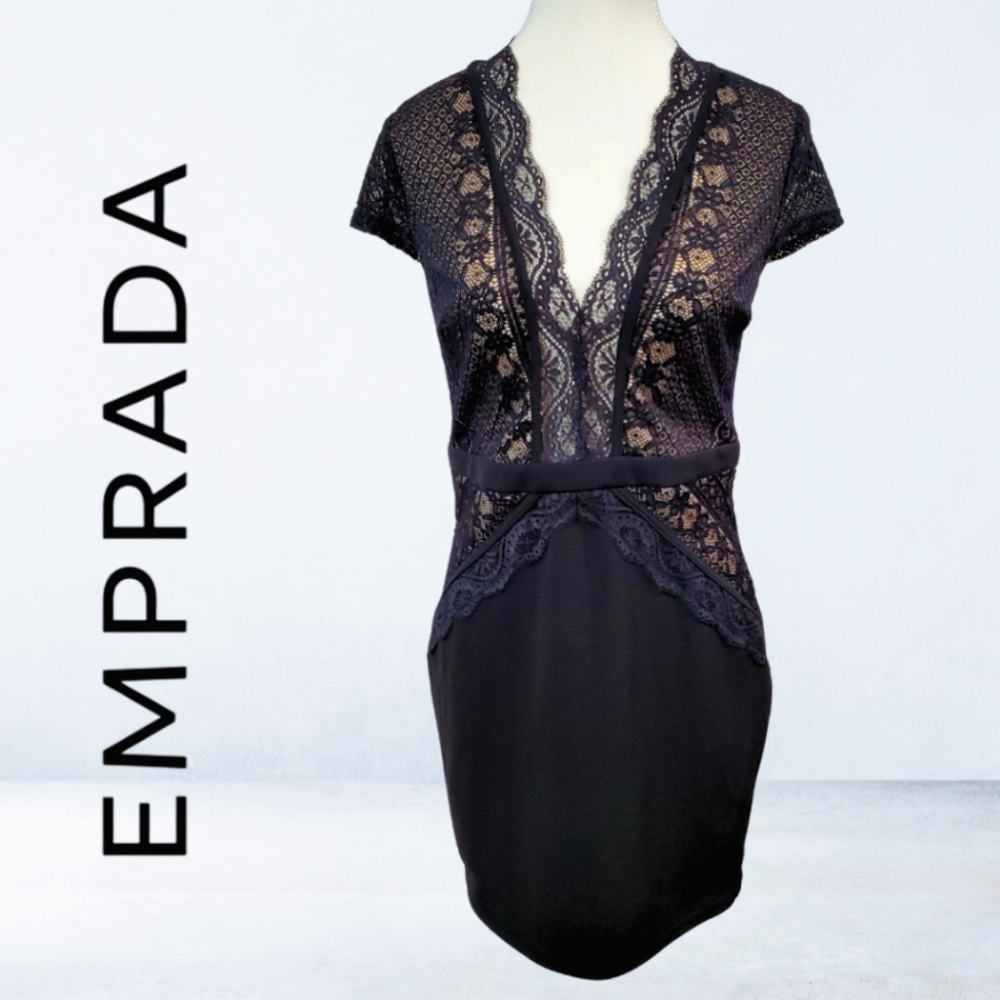 Emprada Black Midi Dress with Lace and Structured Silhouette V Neckline Size L